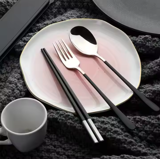 Customized Logo 3pcs Hotel Restaurant Silverware Fork Spoon Chopsticks Set Metal Flatware Set Stainless Steel 304 Cutlery Set