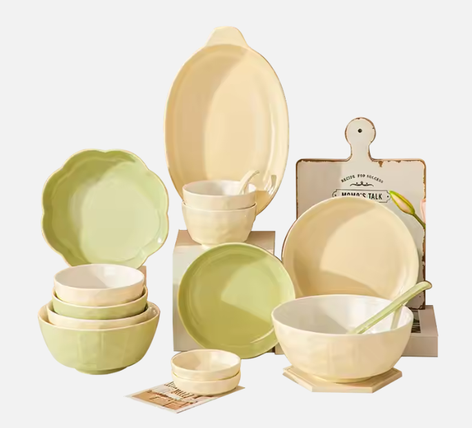 Nordic Design Irregular Porcelain Tableware Household Luxury Dinner Ware Green Plate And Bowl Set Ceramic Dishes