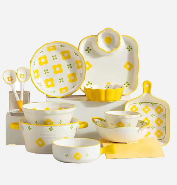 Modern Yellow And White Flower Pattern Dinnerware Set 10Pcs Ceramic Dishes & Plates For Breakfast Dinner