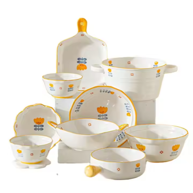 Creative Under-Glaze Yellow Rimmed Plate Bakeware Dishes Platter Bowl Pot Ceramic Dinner Set For Gift Set