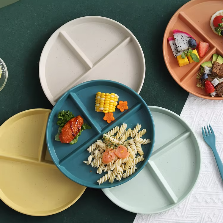 Wheat Straw Three Gridded Plate Reusable Compartment Plate Healthy Dinner Divided Plate Set