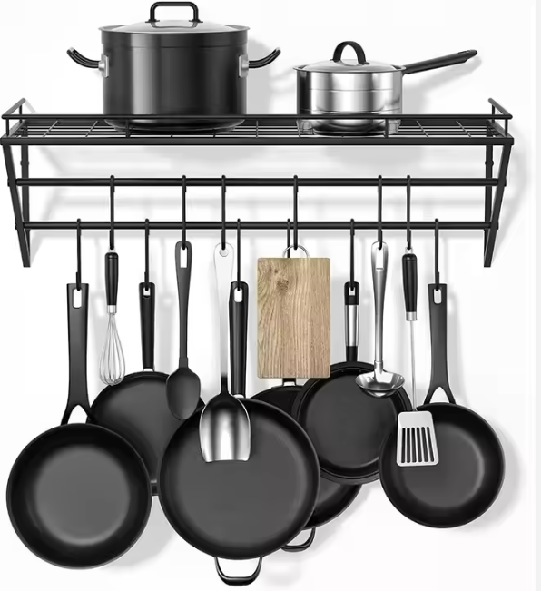 Kitchen Wall Hanging Storage Rack Bowl Plate Iron Pot and Seasoning Rack Black Metal Carton Storage Holders & Racks Cast Iron