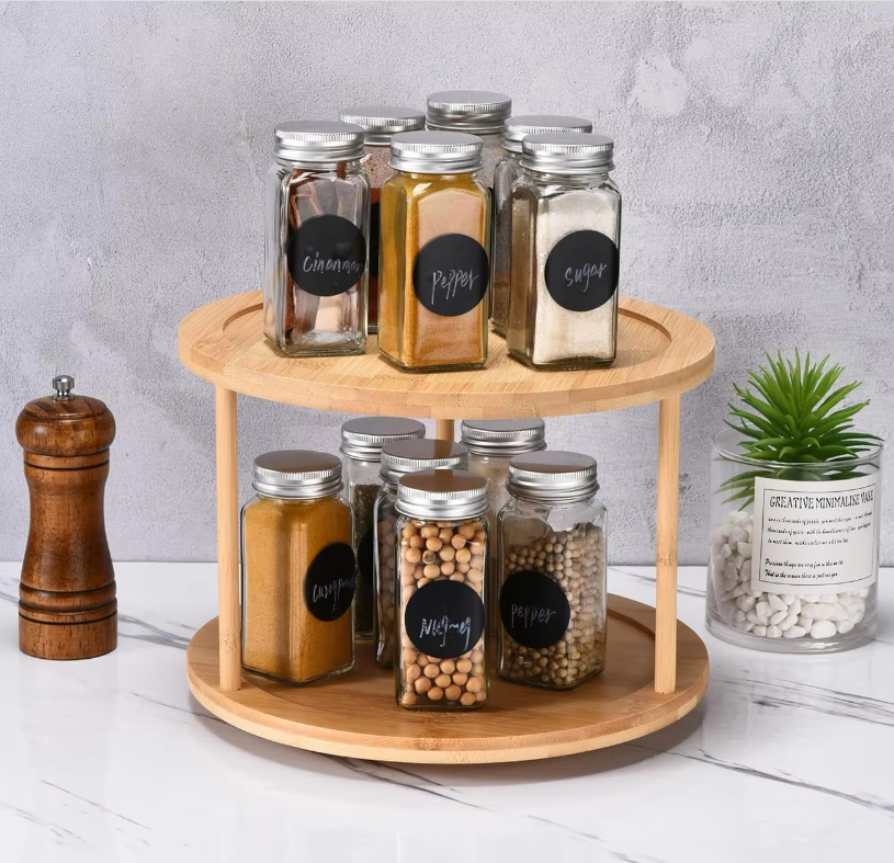 Best 2-Layer Bamboo Wooden Turntable Trays for Spices and Snacks Kitchen Organizer and Dish Rack for Cabinet Storage