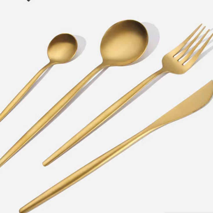 hot sale cheap Portuguese wed rental spoon fork knife stainless steel matte gold flatware dinnerware set cutlery