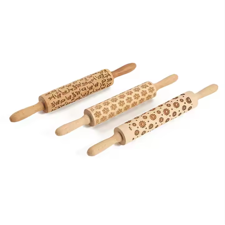 Custom Design Pattern French Christmas Beech Wooden Engraved Embossing Baking Rolling Pin