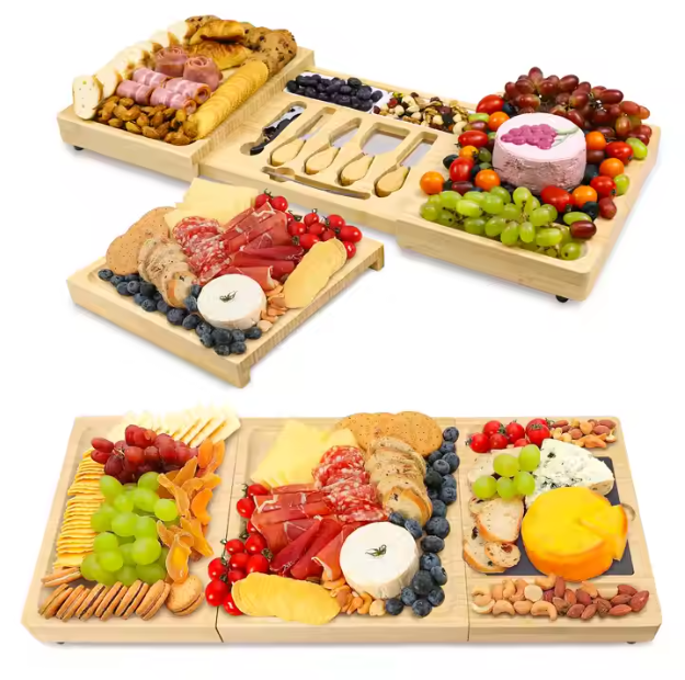 Multifunctional Extended Bamboo Cheese Cutting Board With Knife Slate Set Food Tray For Party And Restaurant Serving Tray