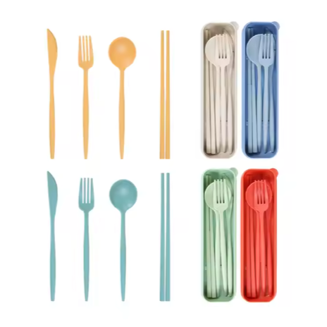 Wholesale Portable reusable travel utensils set with case wheat straw cutlery set