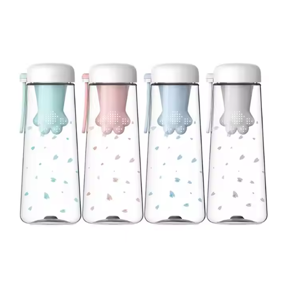 Cute Cat Paw Water Bottles With Tea Infuser Strainer Outdoor Sports Cat Paw Plastic Water Bottles Drinkware