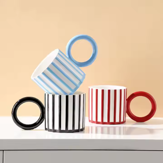 Wholesale NEW Striped Ceramic Coffee Mug Creative Breakfast Water Juice Milk Tea Cup With Big Handle Office Restaurant Drinkware