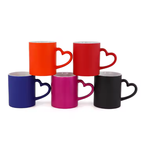 11oz Ceramic Cup Magic Heart Handle Sublimation Color Changing Heat Transfer Printing Matte Surface Composed