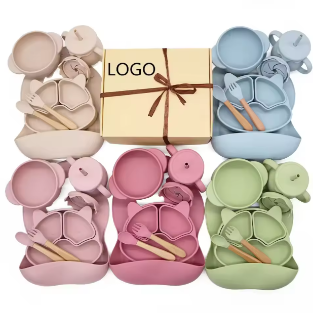  Children Tableware Custom Silicone Bowl Weaning Suction Plate Baby and Toddler 6 Piece Feeding Set