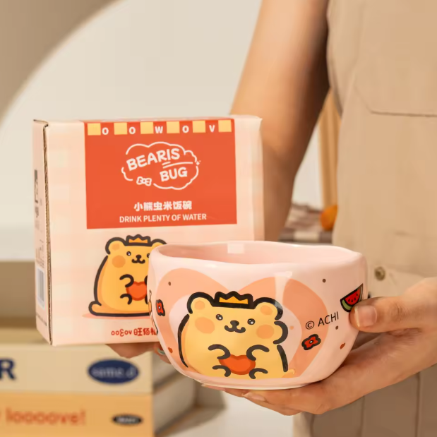 2025 New Arrival Durable Household Tableware Cute Bear Round Ceramic Bowl Wholesale Cartoon Small Rice Bowl